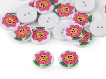 Kinderknopf 2-Loch Kunststoff mit Blume Ø 12,8mm Rosa
